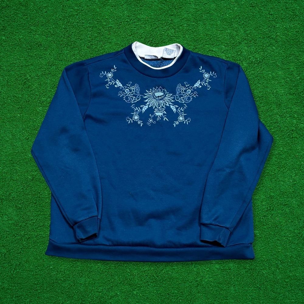 Vintage Blue Floral Embroidered Sweatshirt